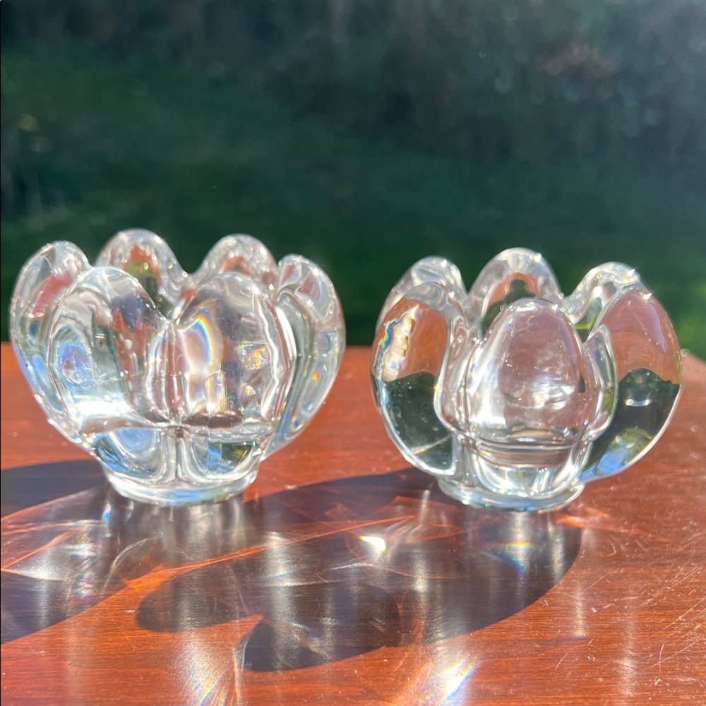 Pair of Vintage Art Vannes France Clear Crystal Lotus Flower Candlestick Holders